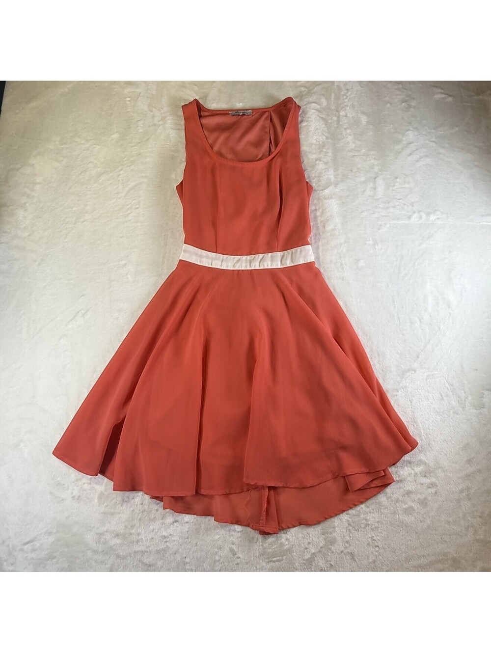 XTAREN Coral Orange Sleeveless Skater Dress Womens S Scoop Neck White Waistband